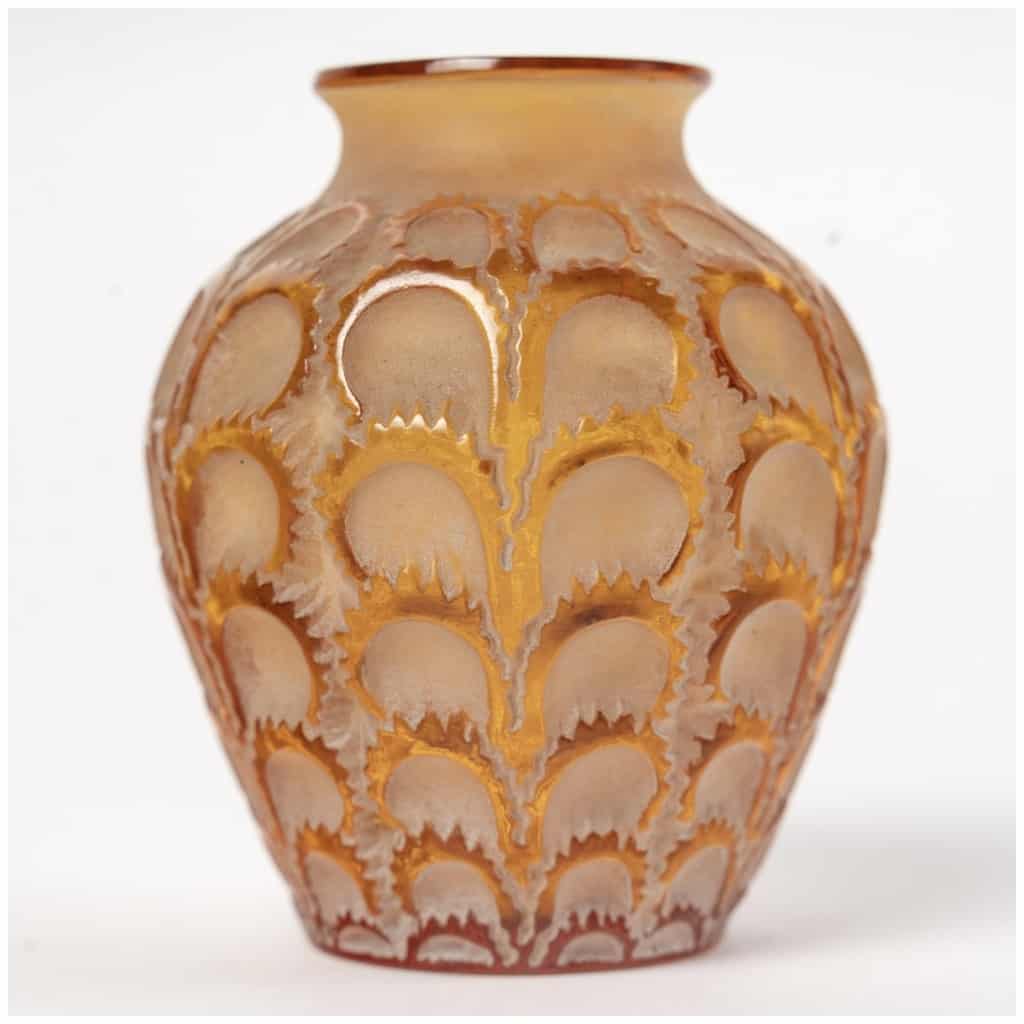1931 René Lalique – Vase Laiterons Verre Jaune Ambré Patiné Beige 6