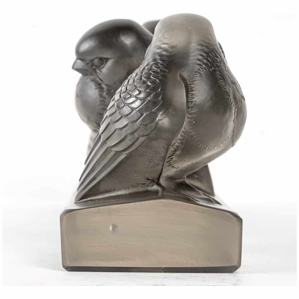 1933 René Lalique – Barre Groupe De Six Moineaux Verre Blanc Patiné Gris 6