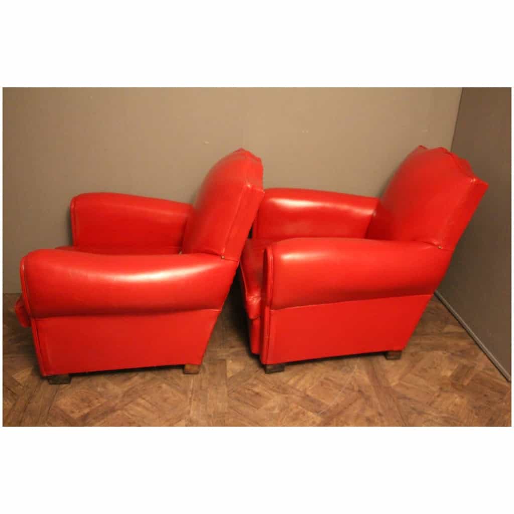 Pair of old red leather club chairs, mustache shape 9