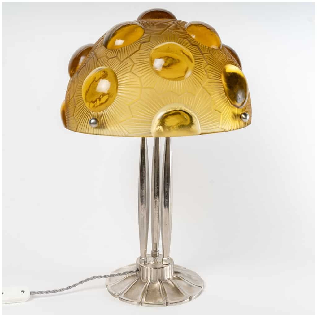 1926 René Lalique – Lampe Soleil Verre Jaune Et Bronze Nickelé 3