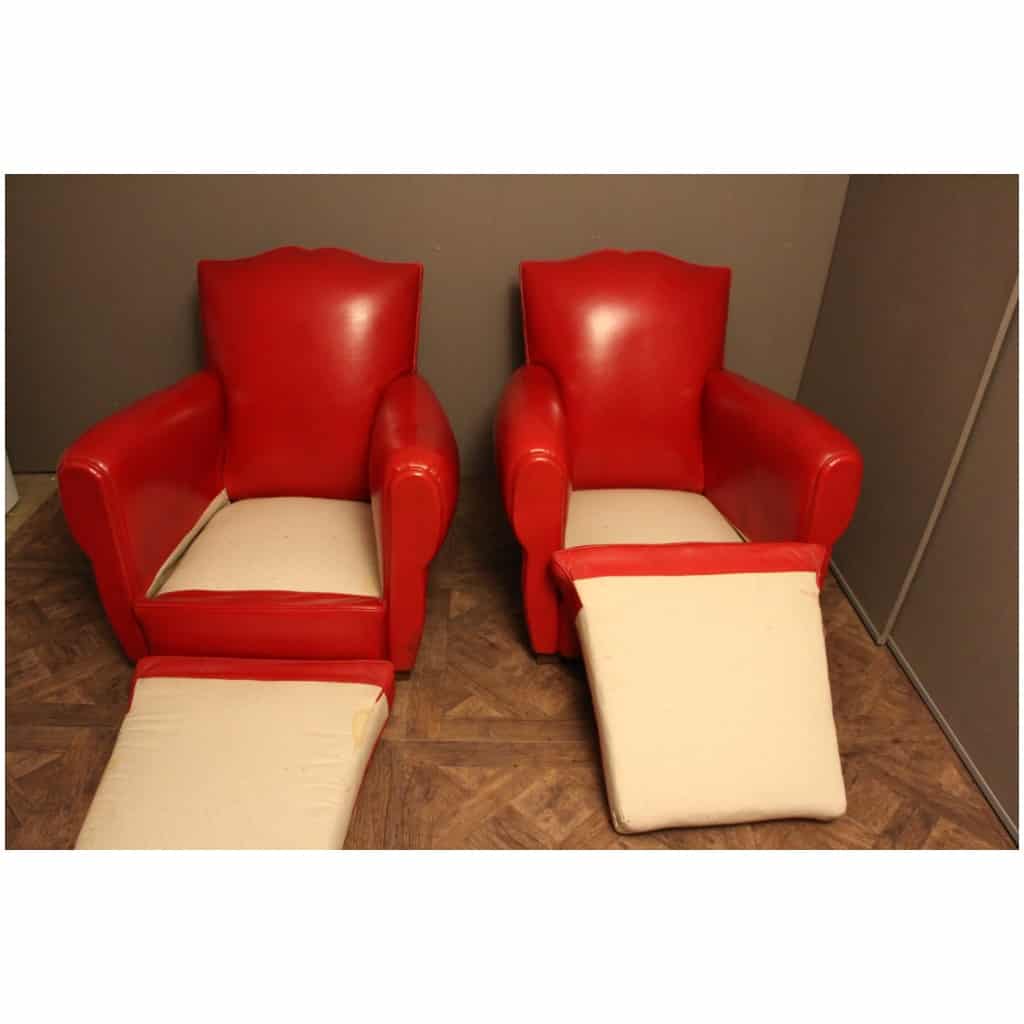 Pair of old red leather club chairs, mustache shape 10