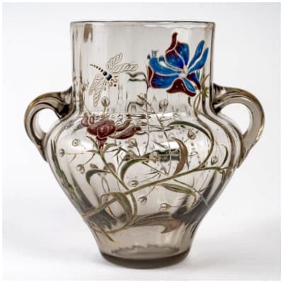 Emile Gallé – Vase Cristallerie à Anses Verre Gris Emaillé d’Iris Et d’une Libellule