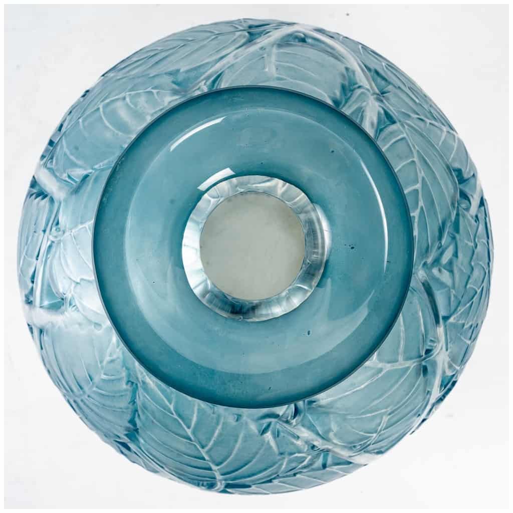 1929 René Lalique – Paire De Vases Milan Verre Blanc Patiné Bleu 7