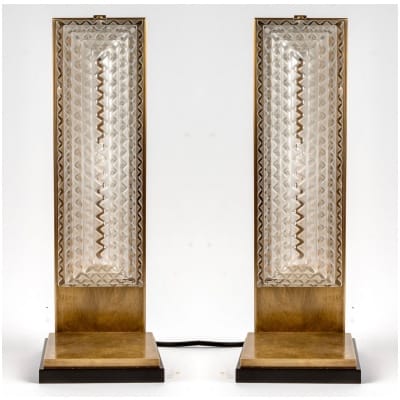 1935 René Lalique – Paire d’Appliques Art Déco Normandie Montées En Lampes Verre Blanc