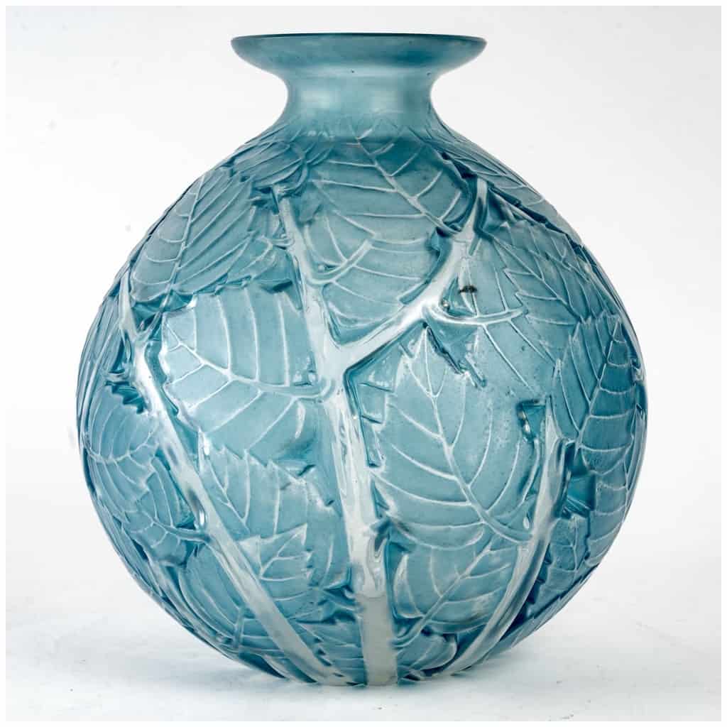 1929 René Lalique – Paire De Vases Milan Verre Blanc Patiné Bleu 5