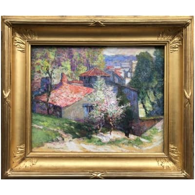 CHARRETON Victor French Painting 20th Century Auvergne Village Oil Signed certificate