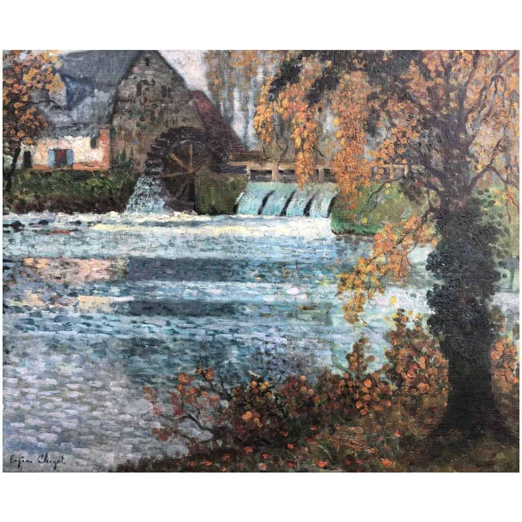 CHIGOT Eugène Tableau Français Le moulin à eau sur la rivière Huile toile signée Certificat 4