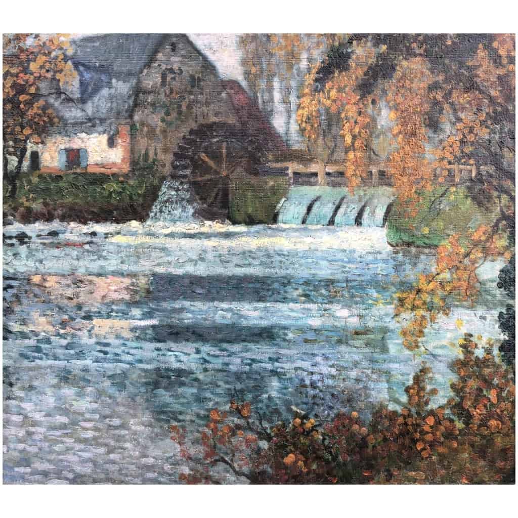 CHIGOT Eugène Tableau Français Le moulin à eau sur la rivière Huile toile signée Certificat 5