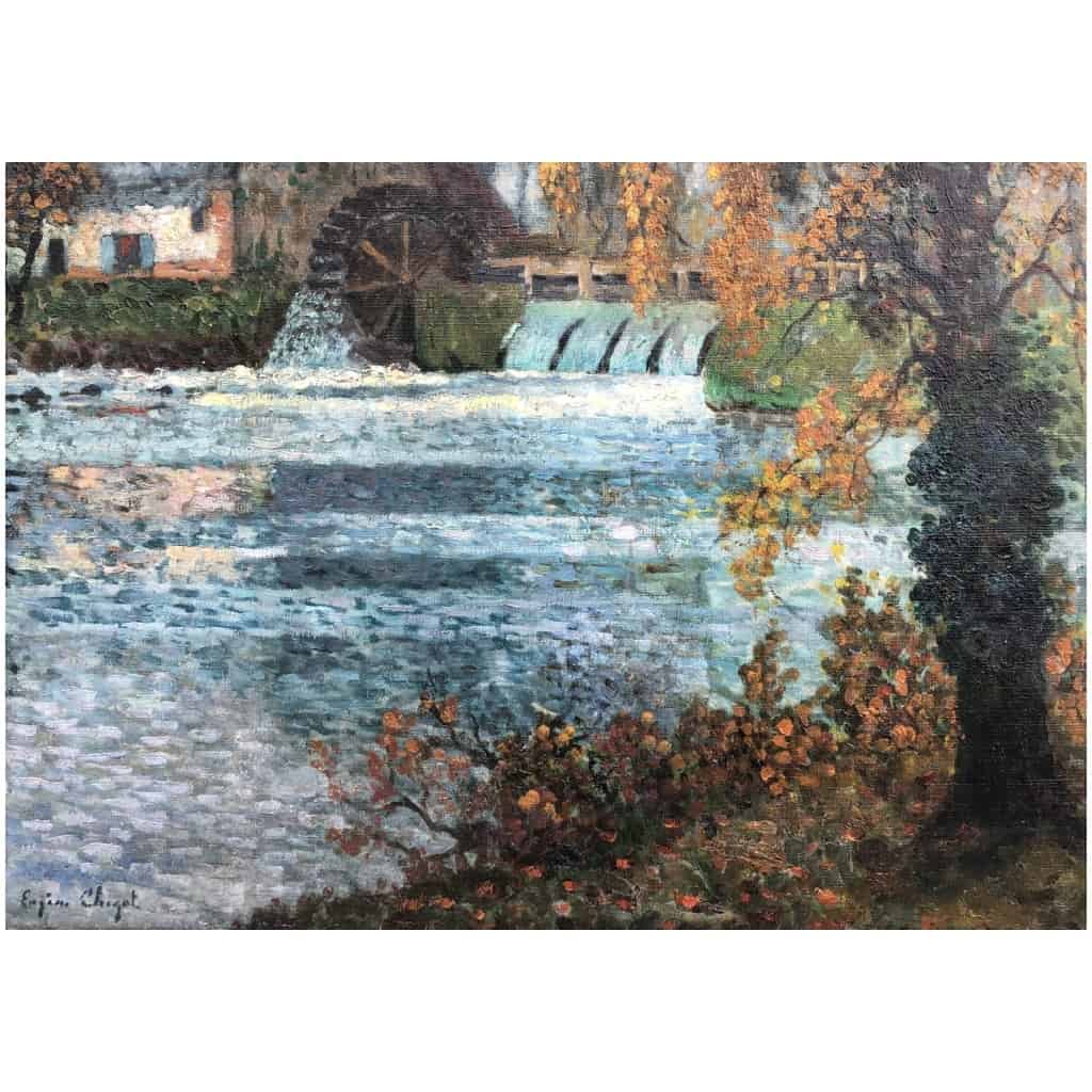 CHIGOT Eugène Tableau Français Le moulin à eau sur la rivière Huile toile signée Certificat 11