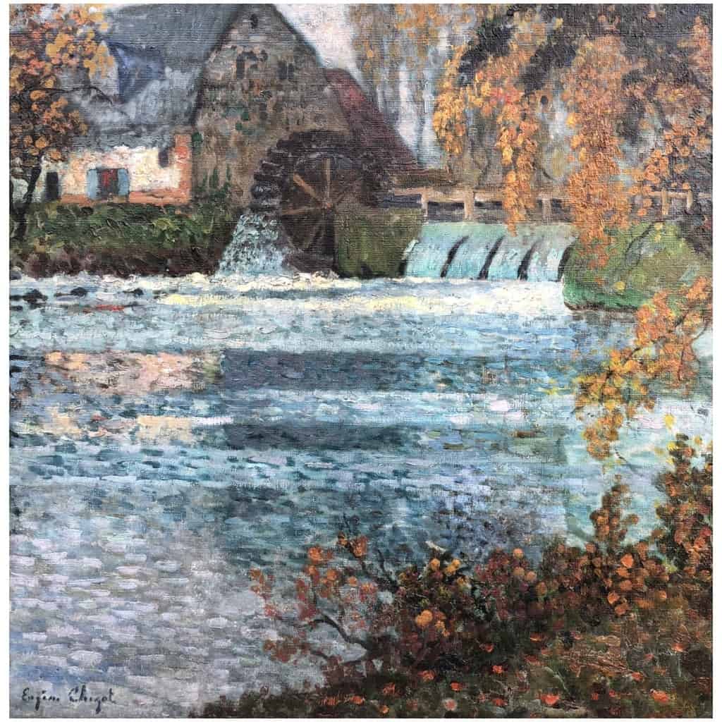 CHIGOT Eugène Tableau Français Le moulin à eau sur la rivière Huile toile signée Certificat 9