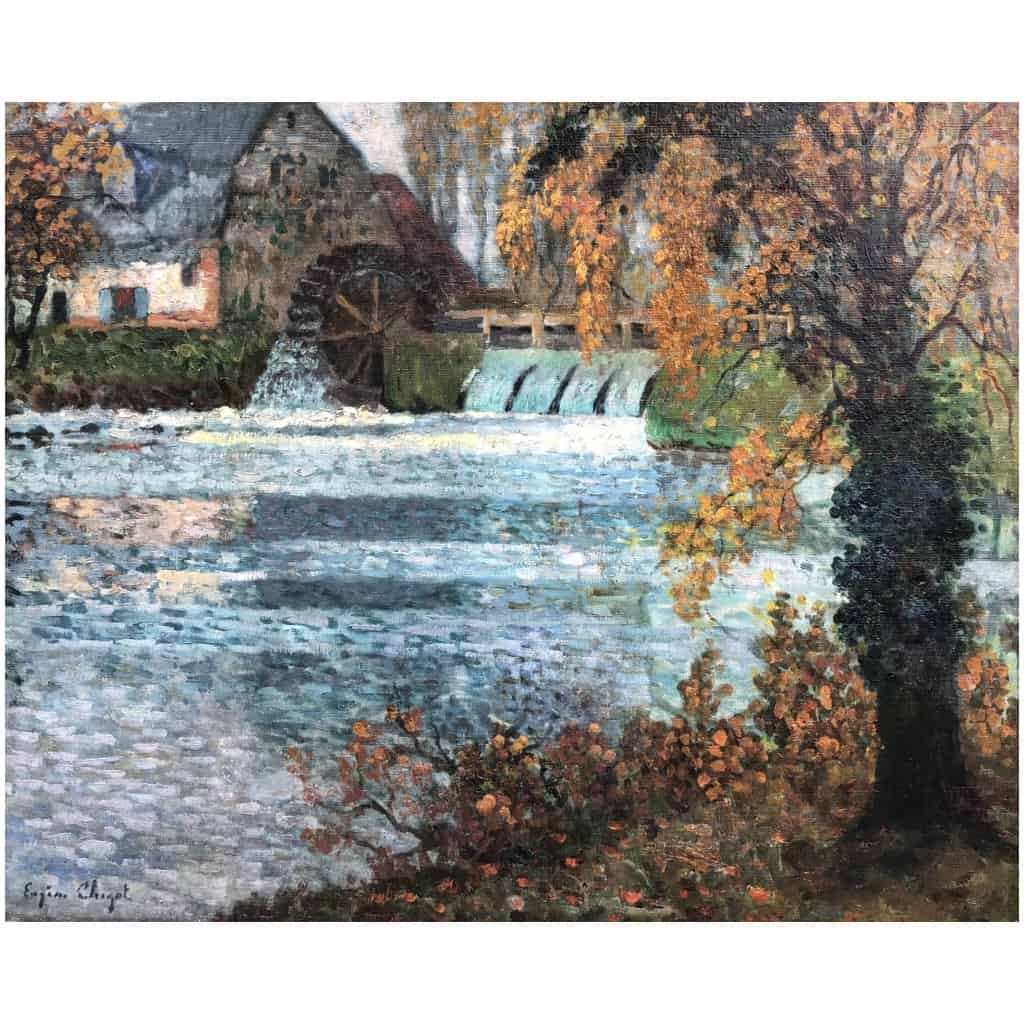 CHIGOT Eugène Tableau Français Le moulin à eau sur la rivière Huile toile signée Certificat 8