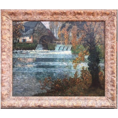 CHIGOT Eugène Tableau Français Le moulin à eau sur la rivière Huile toile signée Certificat