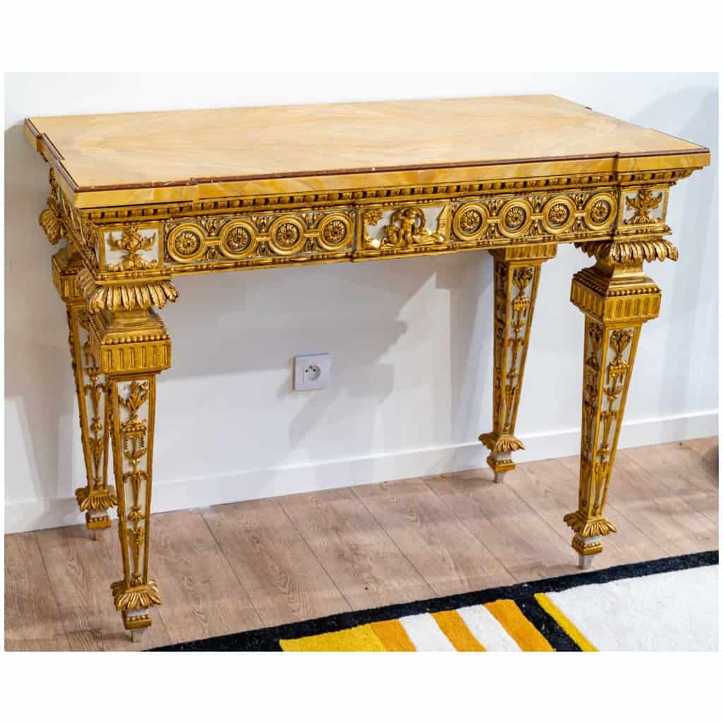 Exceptional console with four legs in carved and gilded wood, Louis period XVI, Italy, Genoa 6