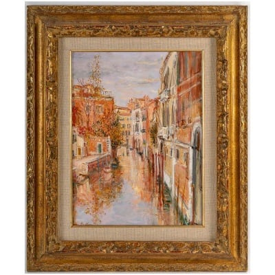 Serge Belloni « Le peintre de Paris » – Vue d’un Canal à Venise huile sur carton