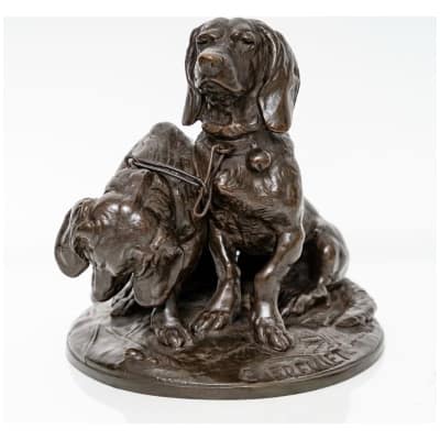 Groupe De Bassets En Bronze , « Ravageot Et Ravageode » , Emmanuel Fremiet (1824 -1910)