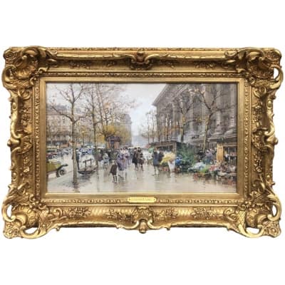 Galien Laloue Peinture 20è Paris Le Marché Aux Fleurs De La Madeleine Gouache Aquarellée Signée 3