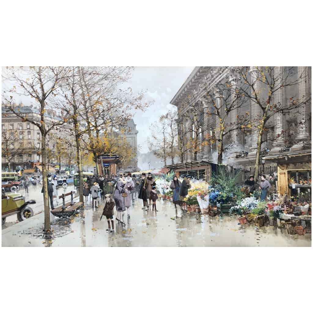 Galien Laloue Painting 20th Paris The Flower Market Of La Madeleine Watercolor Gouache Signed 6