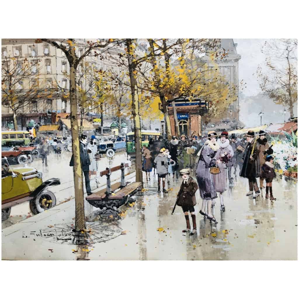 Galien Laloue Peinture 20è Paris Le Marché Aux Fleurs De La Madeleine Gouache Aquarellée Signée 7
