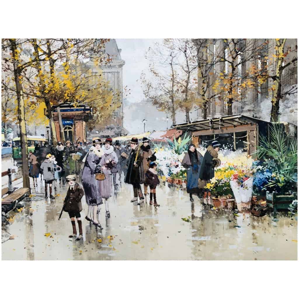 Galien Laloue Painting 20th Paris The Flower Market Of La Madeleine Watercolor Gouache Signed 8