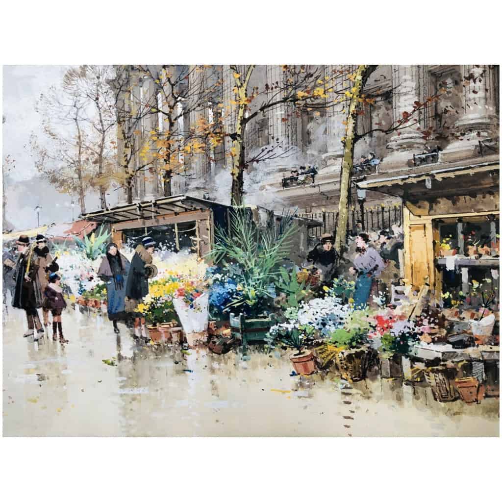 Galien Laloue Painting 20th Paris The Flower Market Of La Madeleine Watercolor Gouache Signed 14