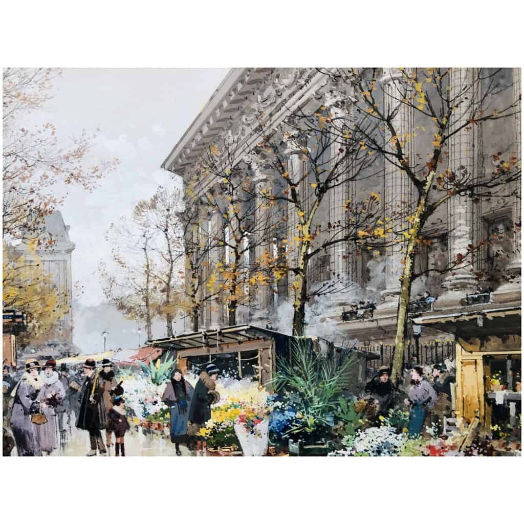 Galien Laloue Painting 20th Paris The Flower Market Of La Madeleine Watercolor Gouache Signed 13