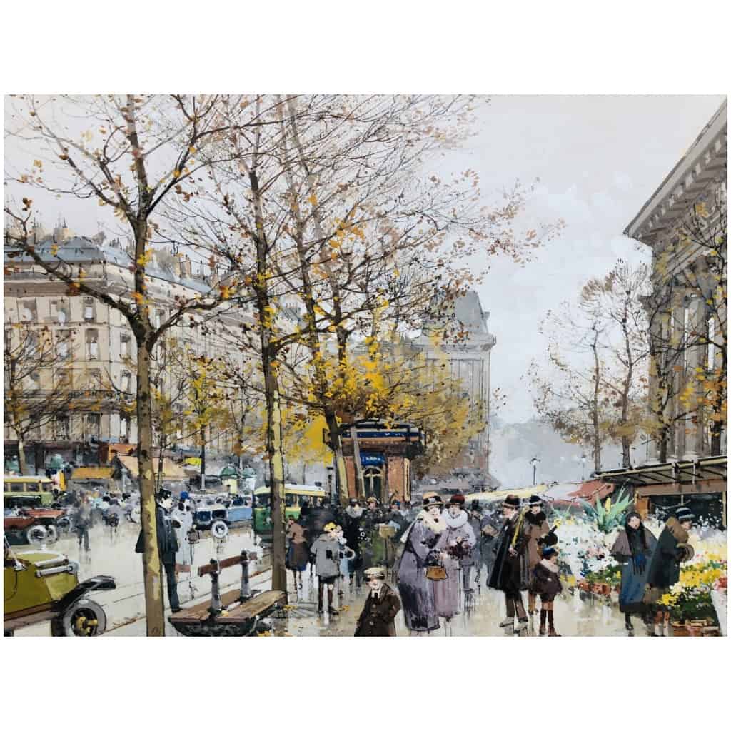 Galien Laloue Painting 20th Paris The Flower Market Of La Madeleine Watercolor Gouache Signed 12