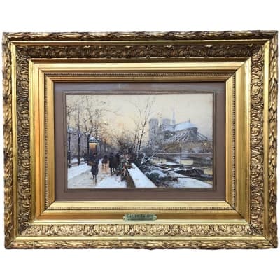 Galien Laloue Eugène Painting 20th Century Paris Booksellers In Front Of Notre Dame Gouache Signed Certificate