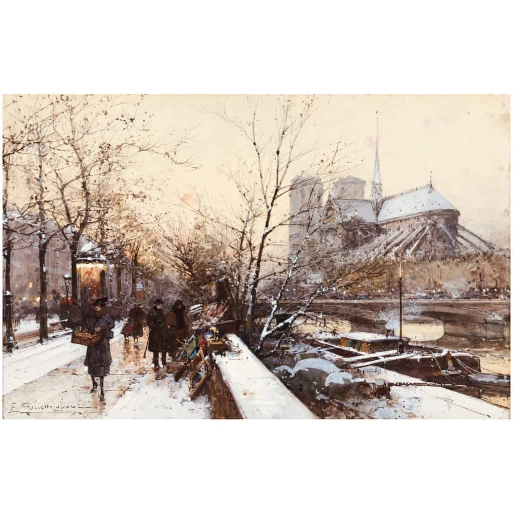 Galien Laloue Eugène Tableau 20ème Siècle Paris Bouquinistes Devant Notre Dame Gouache Signée Certificat 11