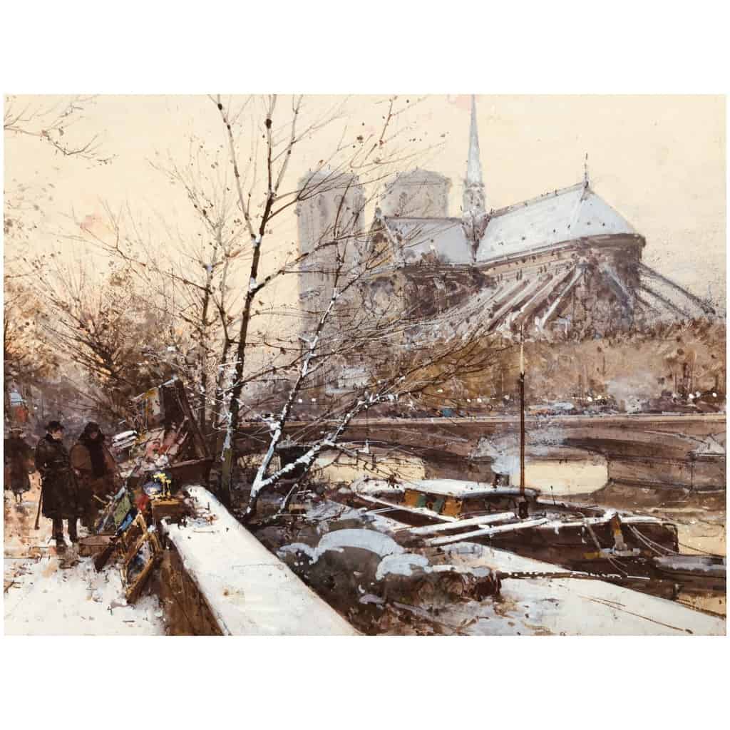 Galien Laloue Eugène Tableau 20ème Siècle Paris Bouquinistes Devant Notre Dame Gouache Signée Certificat 7