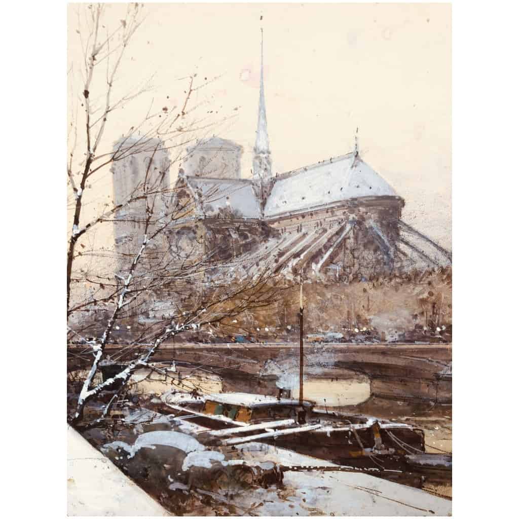 Galien Laloue Eugène Tableau 20ème Siècle Paris Bouquinistes Devant Notre Dame Gouache Signée Certificat 6