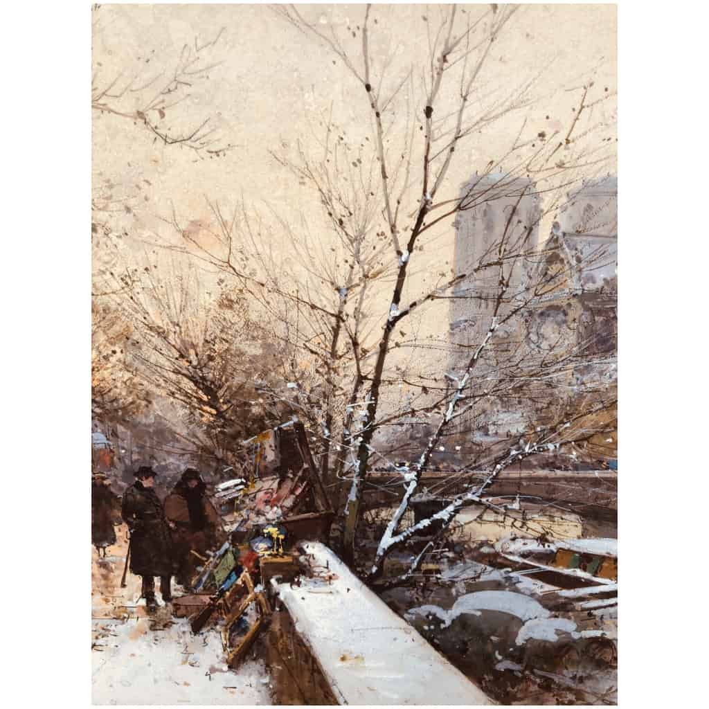 Galien Laloue Eugène Tableau 20ème Siècle Paris Bouquinistes Devant Notre Dame Gouache Signée Certificat 12