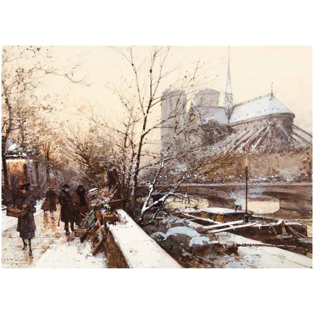 Galien Laloue Eugène Tableau 20ème Siècle Paris Bouquinistes Devant Notre Dame Gouache Signée Certificat 13