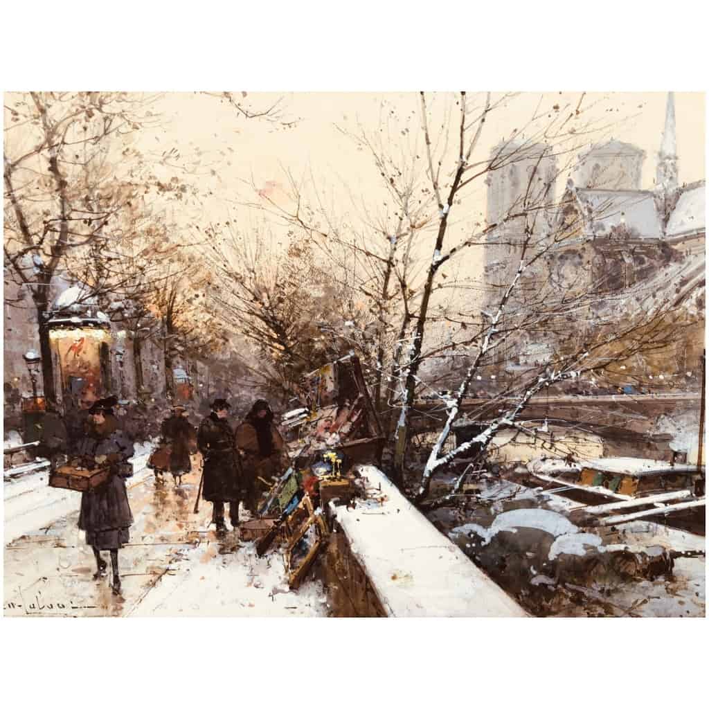 Galien Laloue Eugène Painting 20th Century Paris Booksellers In Front Of Notre Dame Gouache Signed Certificate 14