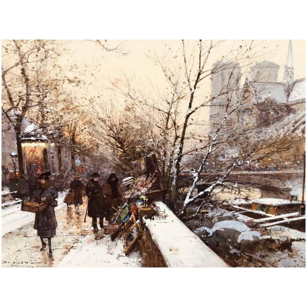 Galien Laloue Eugène Tableau 20ème Siècle Paris Bouquinistes Devant Notre Dame Gouache Signée Certificat 14