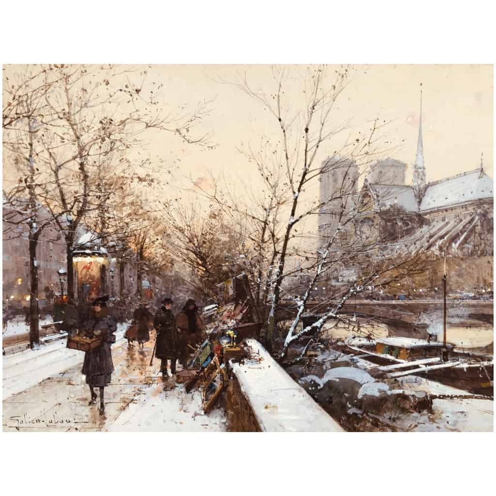 Galien Laloue Eugène Tableau 20ème Siècle Paris Bouquinistes Devant Notre Dame Gouache Signée Certificat 15