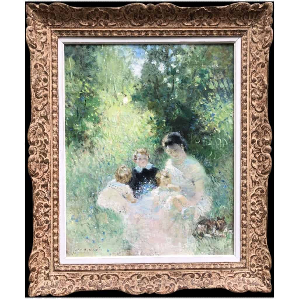 HERVE Jules Tableau Impressionniste 20è siècle Après-midi en famille huile sur toile signée 4