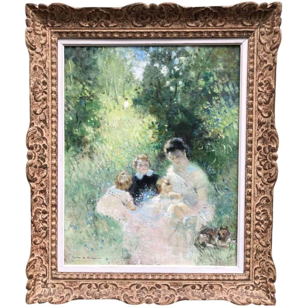 HERVE Jules Tableau Impressionniste 20è siècle Après-midi en famille huile sur toile signée 3