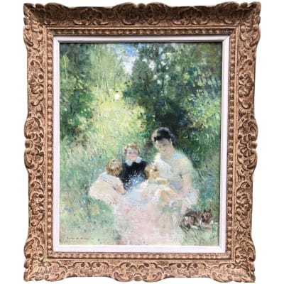 HERVE Jules Impressionist painting 20th century Afternoon with family oil on canvas signed