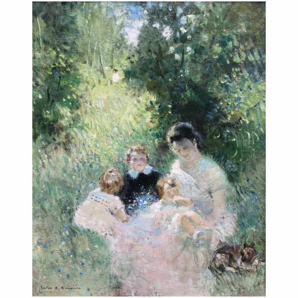 HERVE Jules Tableau Impressionniste 20è siècle Après-midi en famille huile sur toile signée 6
