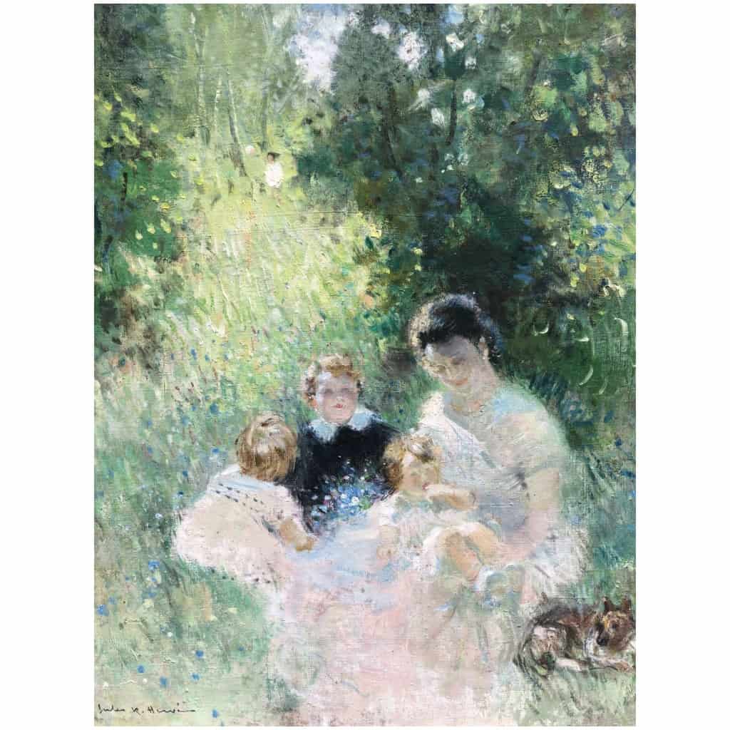 HERVE Jules Tableau Impressionniste 20è siècle Après-midi en famille huile sur toile signée 7