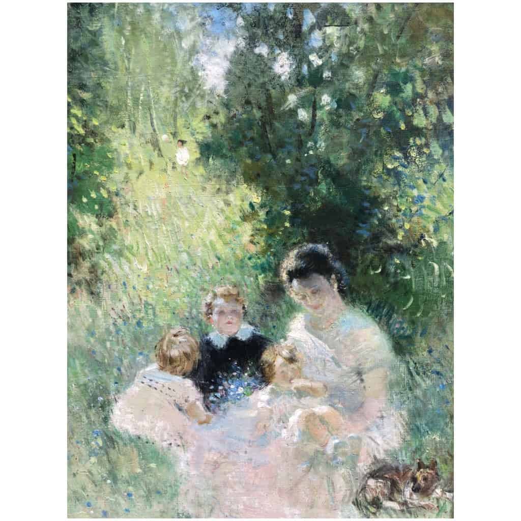 HERVE Jules Tableau Impressionniste 20è siècle Après-midi en famille huile sur toile signée 13