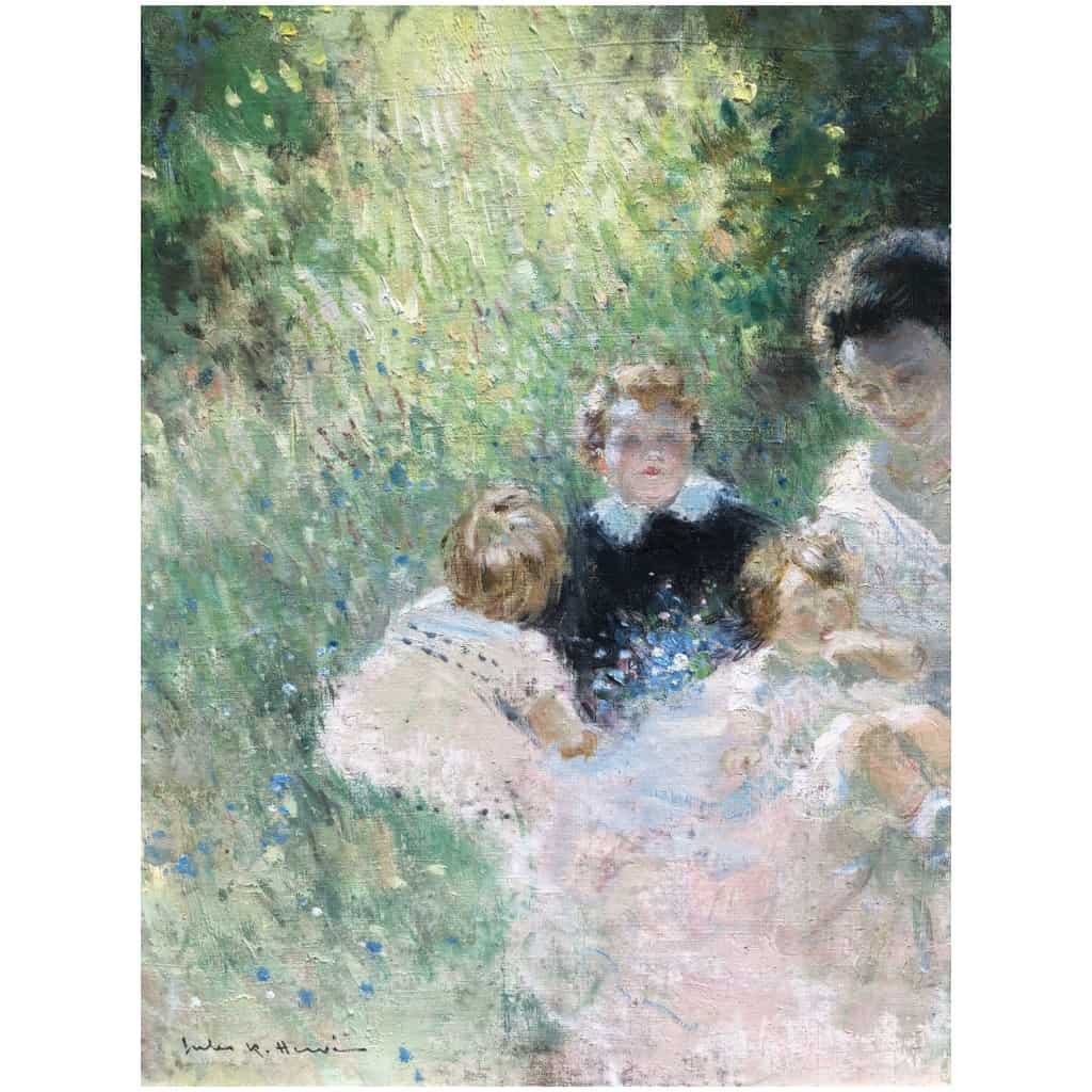 HERVE Jules Tableau Impressionniste 20è siècle Après-midi en famille huile sur toile signée 12