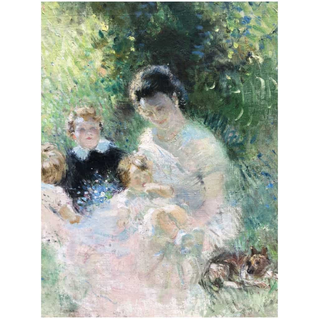 HERVE Jules Tableau Impressionniste 20è siècle Après-midi en famille huile sur toile signée 11
