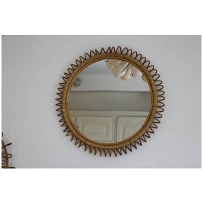 Miroir Mural Vintage rond en rotin et bambou des années 1960 par Franco Albini