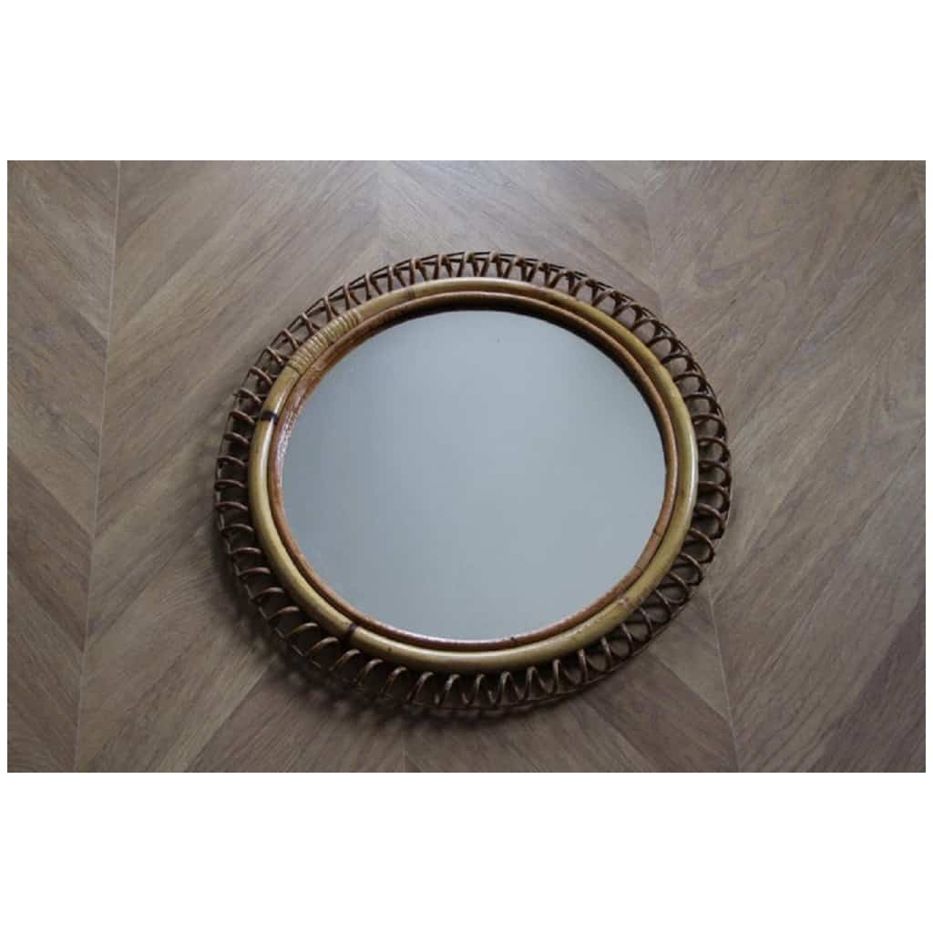 Vintage 1960s Round Rattan and Bamboo Wall Mirror by Franco Albini 3