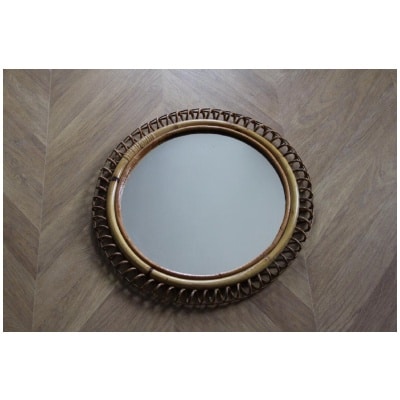 Vintage 1960s Round Rattan and Bamboo Wall Mirror by Franco Albini