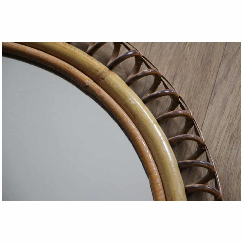 Vintage 1960s Round Rattan and Bamboo Wall Mirror by Franco Albini 7