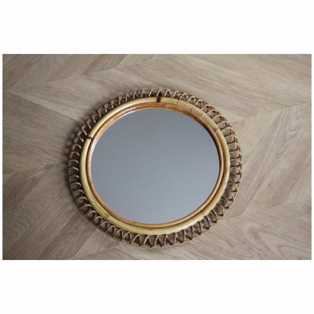 Vintage 1960s Round Rattan and Bamboo Wall Mirror by Franco Albini 9