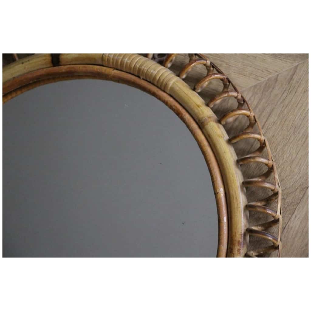 Vintage 1960s Round Rattan and Bamboo Wall Mirror by Franco Albini 10