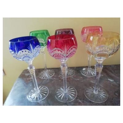 6 LARGE BEAUTIFUL COLOR SIZED CRYSTAL GLASSES ROEMER